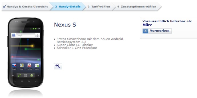 Screenshot der O2 Webseite für das Nexus S