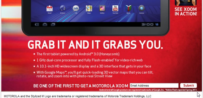 Screenshot : Xoom Werbung auf der Verizon.com Seite